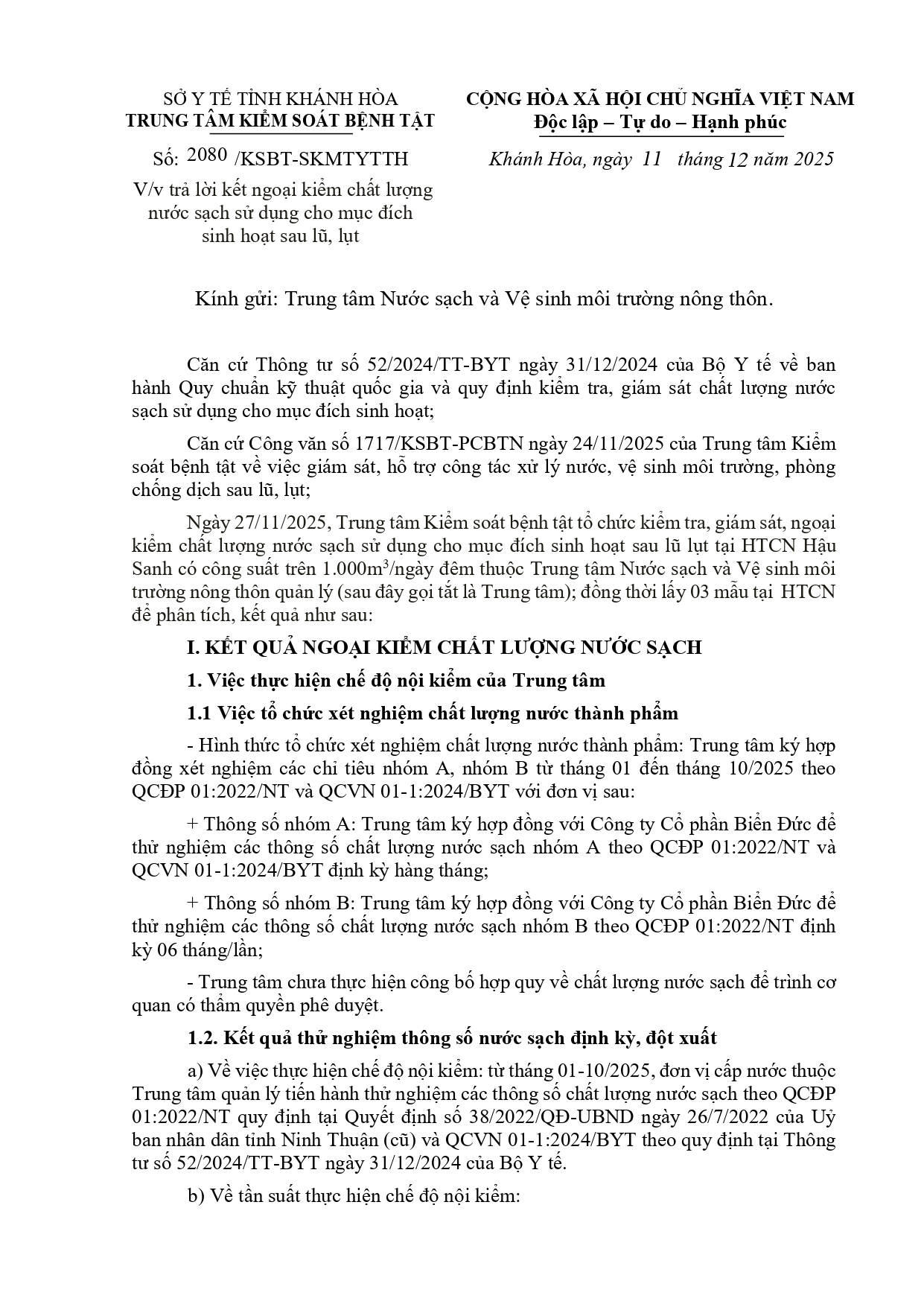 V/v trả lời kết ngoại kiểm chất lượng nước sạch sử dụng cho mục đích sinh hoạt sau lũ, lụt